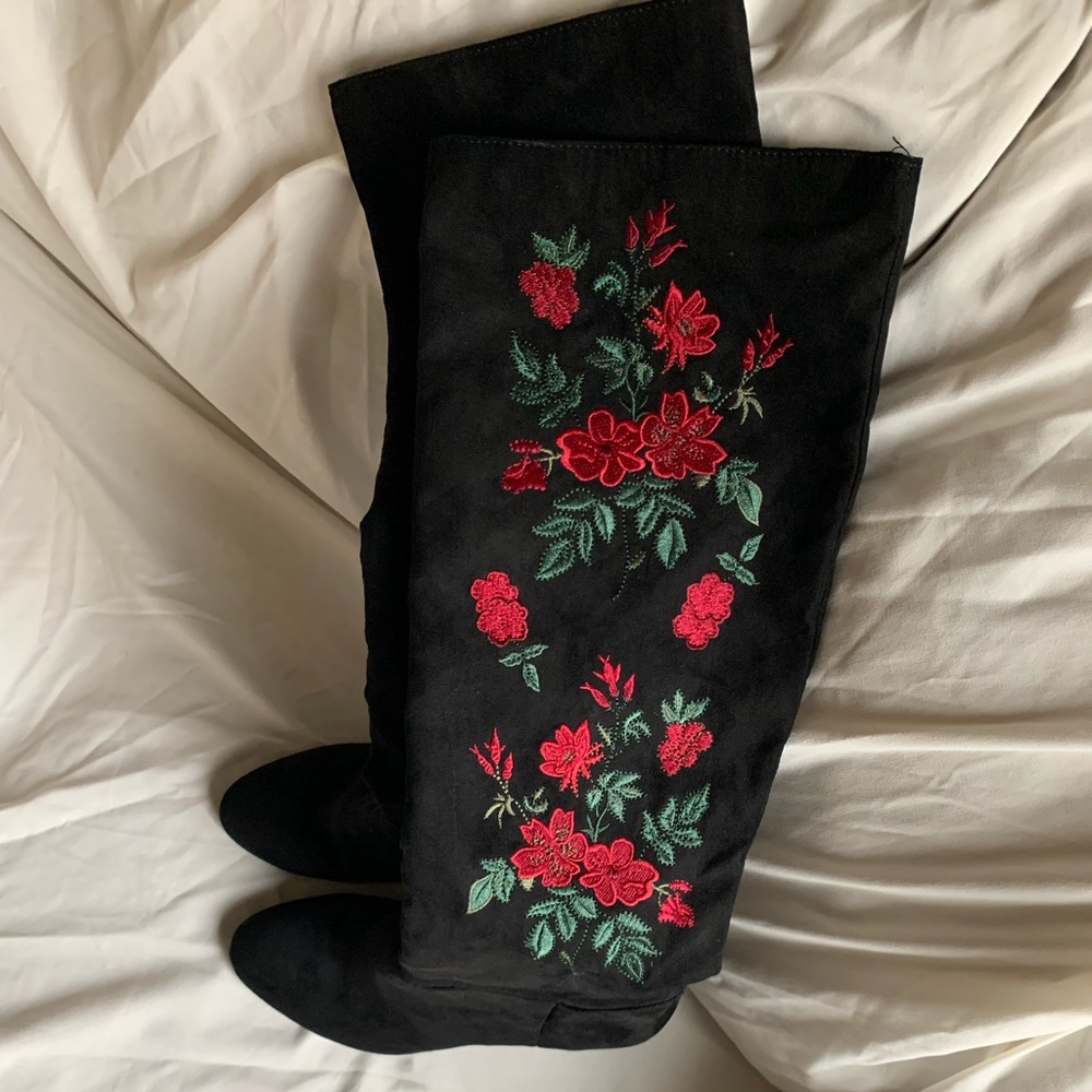 Libby Edelman Knee High Black and Red Floral Boots